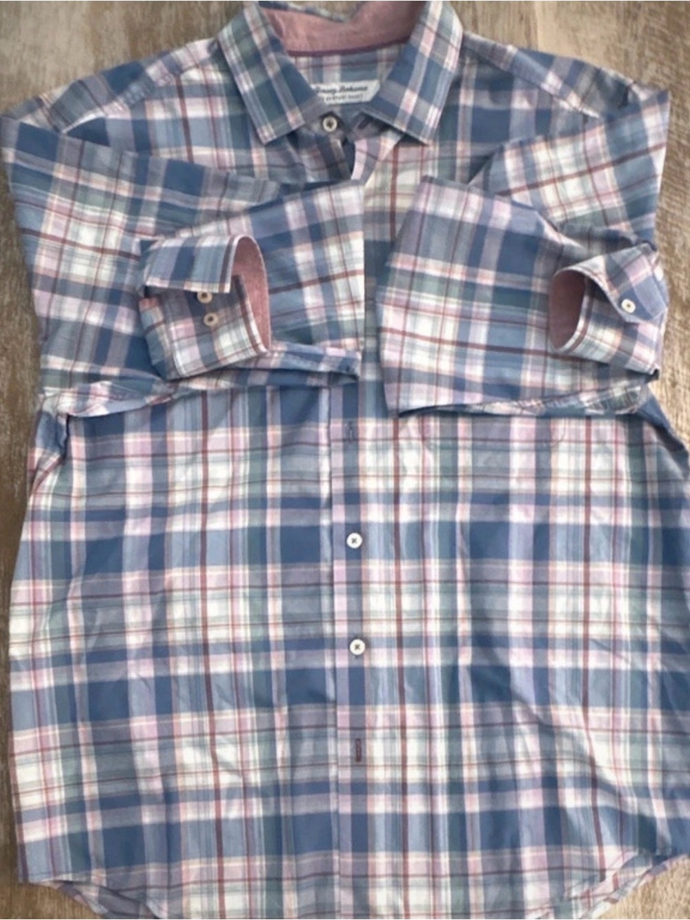 Tommy Bahama Blue Plaid Button-Down Shirt with Pink Accents